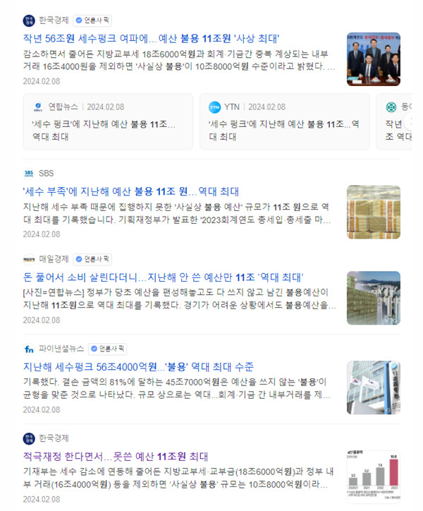 ▲ 포털사이트 '2023년 예산 불용액' 기사 검색 갈무리.