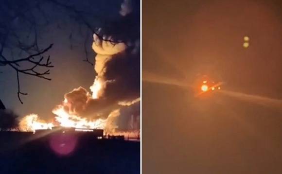 개전 2주년을 앞둔 23일(현지시간) 우크라이나군이 러시아군의 공중조기경보통제기 ‘베리예프 A-50’을 격추했다고 밝혔다. 우크라이나군 미사일 공격(오른쪽)을 피하지 못한 A-50은 러시아 남부 크라스노다르 카네프스키 지구의 한 마을에 추락(왼쪽)했다. 2024.2.23 미콜라 올레슈축 우크라이나 공군 사령관/러시아 군사블로거 ‘로마노프’