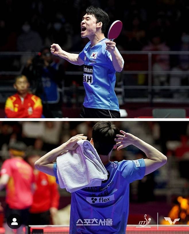 한국의 장우진이 24일 오후 부산 벡스코에서 열린 중국과의 2024 부산세계탁구선수권대회 남자단체 4강전 1단식에서 세계 2위 왕추친을 3-1로 누른 뒤 포효하고 있다. 출처|WTT