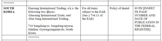 미 상무부 산업안보국(BIS)이 지난 23일(현지시간) 공개한 우려 거래자 목록(Entity List)에 등재된 한국 기업 대성국제무역(Daesung International Trading) 관련 대목. 미 상무부.