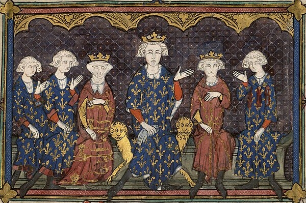 필립 6세와 여동생 이사벨라(왼쪽 세 번째)가 함께 묘사된 그림.  잉글랜드 왕실을 상징하는 삼사자 옷을 입고 있는 사람이 이사벨라다. 에드워드 3세는 자신의 어머니 이사벨라의 권리를 근거로 프랑스 왕위 계승자임을 주장했다.