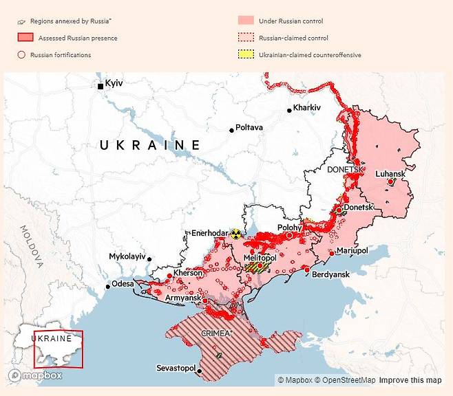 러시아가 점령 중인 우크라이나 동부 지역. [FT]