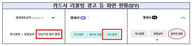 [서울=뉴시스] 카드사 리볼빙 광고 등 화면 현황. (자료=금감원 제공) *재판매 및 DB 금지