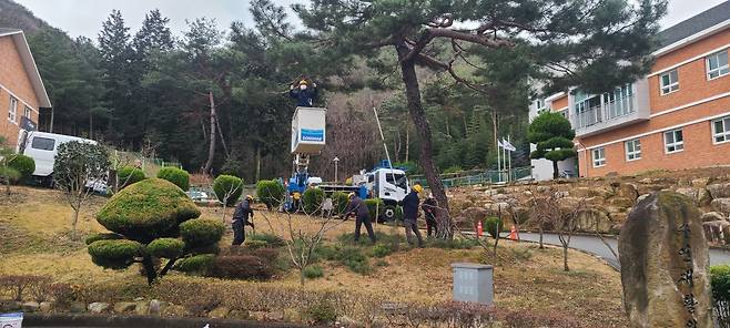 울산시설공단이 가로녹지팀 직원들을 대상으로 지난 22일 수연재활원을 방문해 시설 내 조경수 관리 재능기부 봉사활동을 실시한 가운데 직원들이 조경수 관리 봉사를 하고 있다. 사진제공ㅣ울산시설공단