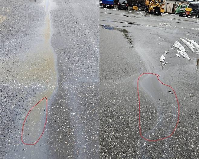 인천 계양구 주차장에서 다량의 기름이 발견됐다. 사진ㅣ장관섭 기자