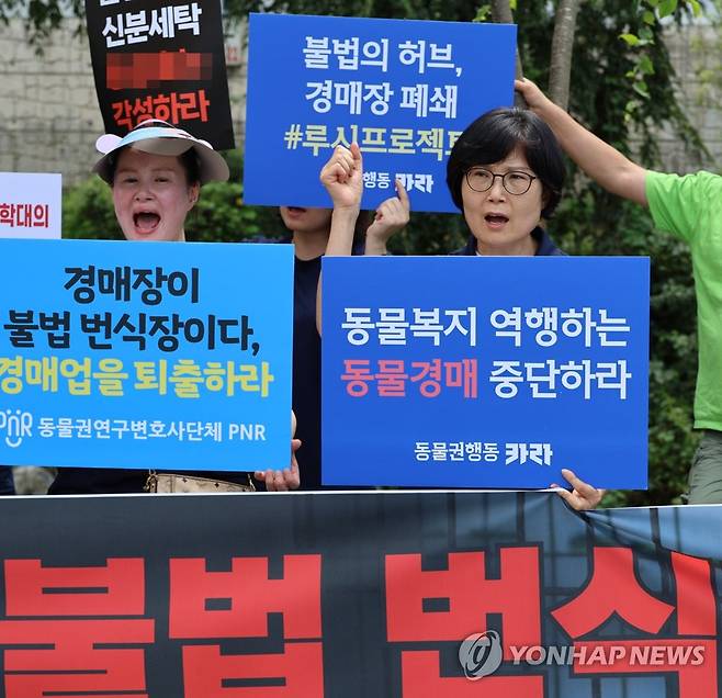 "반려동물 경매장 폐쇄하라" 동물보호단체들이 2023년 8월 대전 유성구의 한 반려동물 경매장 앞에서 경매장 폐쇄 촉구 시위를 벌이고 있다. 오른쪽이 전진경 대표.
[연합뉴스 사진]