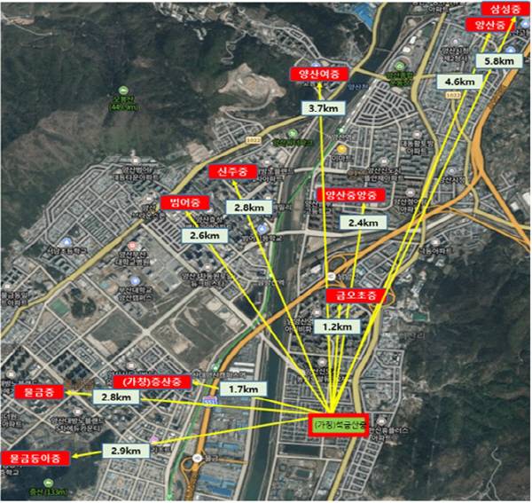 석금산중학교 설립 예정지와 인근 학교 현황. 경남도교육청 제공