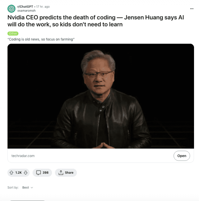 미국 기술 커뮤니티인 레딧에서는 젠슨 황의 코딩 무용론 발언을 놓고 열띤 공방이 벌어지고 있다. (사진=레딧)
