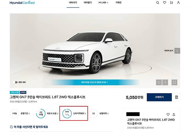 인증 중고차로 판매 중인 현대차 그랜저. 신차 대비 95%의 가격으로, 중고차임에도 저렴하지 않다. /현대차 인증 중고차 홈페이지