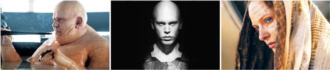 왼쪽부터 흉측한 빌런 블라디미르 하코넨(스텔란 스카스가드), 페이드 로타(오스틴 버틀러), 그리고 계시를 퍼뜨리는 폴의 어머니 제시카(레베카 페르구손). 워너브러더스코리아 제공