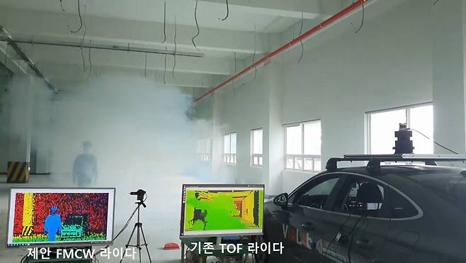FMCW 라이다 이미지와 기존 TOF 라이다 이미지 간의 비교 시연 모습.[한국연구재단 제공]