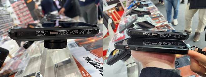 [바르셀로나(스페인)=뉴시스] 심지혜 기자 = 지난 26일(현지시간)부터 스페인 바르셀로나에서 진행 중인 MWC 2024에 전시된 프랑스 단말기 유통사 '아브니르 텔레콤' 스마트폰 '에너자이저 하드케이스 P28K'. P28K는 갤럭시 S24 울트라보다 5배 더 많은 2만8000mAh의 배터리 용량을 갖췄다. 하지만 두께는 27.8㎜로 아이폰13(7.57㎜, 사진)에 케이스를 장착한 것보다 두꺼운 모습을 볼 수 있다. 2024.02.27. siming@newsis.com *재판매 및 DB 금지