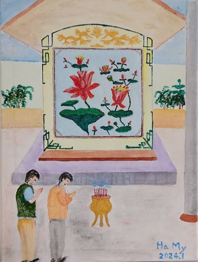 2기 진실·화해를위한과거사정리위원회(진실화해위) 위원장을 지낸 정근식 서울대 명예교수가 베트남 하미 마을을 다녀와 직접 그린 그림이다. 2001년 한국 참전군인단체의 지원으로 세워진 하미 위령비는 한국 정부의 압력으로 인해 학살을 묘사한 비문이 그림처럼 연꽃에 가려진 상태다. 정근식 제공