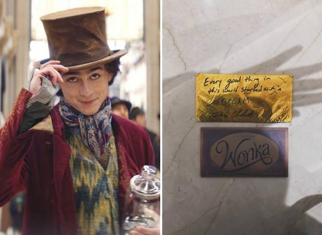 웡카를 연기한 티모시 샬라메(왼쪽)가 한국 팬에게 선물한 ‘웡카’ 오리지널 티켓. 영어 문구는 샬라메가 직접 썼다. 워너브라더스 코리아㈜, 독자 제공.