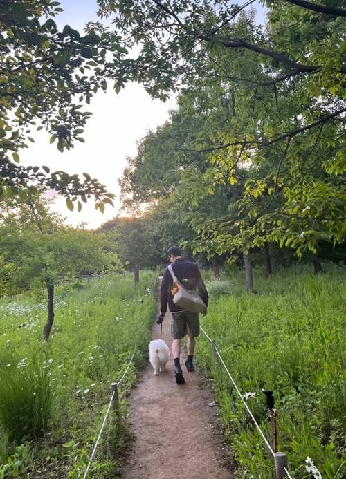 배우 도상우가 포미와 함께 산책 중이다. 사진=도상우