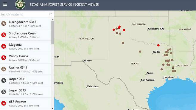 텍사스주의 산불 피해 지역 지도