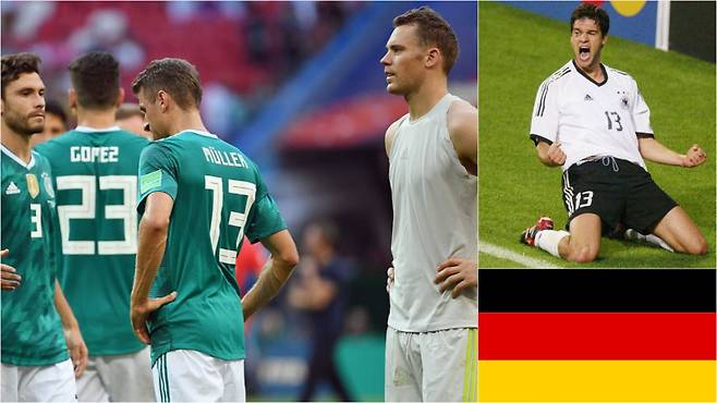 사진 왼쪽은 2018 월드컵 F조 마지막 경기에서 대한민국에 0-2로 패한 후 침통한 모습의 독일대표팀. 이들이 착용한 녹색(green) 셔츠가 독일팀의 전통적인 어웨이 색상이다. (오른쪽 위) 2002 월드컵 준결승전에서 한국을 상대로 결승골을 기록한 마이클 발락. 발락이 입은 색상이 독일대표팀의 전통적인 홈 키트(kit)다. (오른쪽 아래) 독일 국기. 사진=독일축구협회, 발락 인스타그램, 퍼블릭 도메인