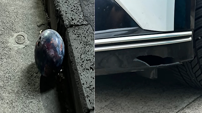 지난 1월 16일 제주시 연동의 한 도로에 굴러온 볼링공(왼쪽)과 파손된 차량 부위 (사진, 유튜브 한문철TV)