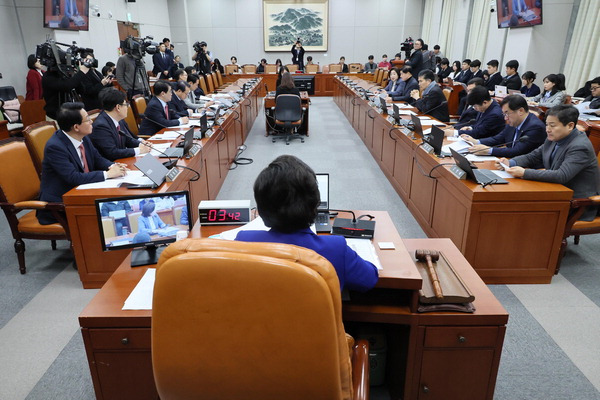 29일 제22대 총선 선거구 획정안 등을 논의하기 위해 열린 국회 정치개혁특별위원회 전체회의에서 남인순 위원장이 회의를 주재하고 있다. 연합뉴스