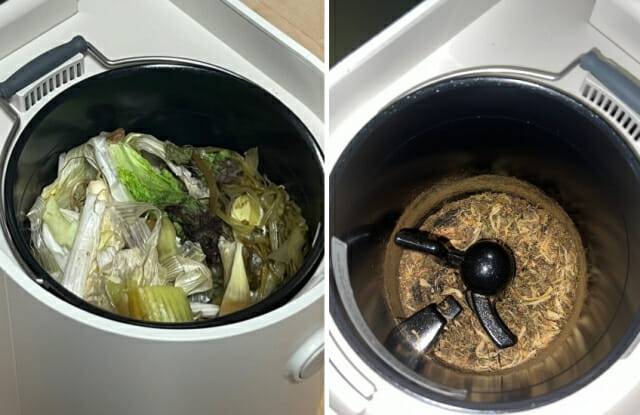 미닉스 음식물처리기 '더 플렌더'에 음식물을 넣고(왼쪽) 처리한 모습(오른쪽) (사진=지디넷코리아 신영빈 기자)