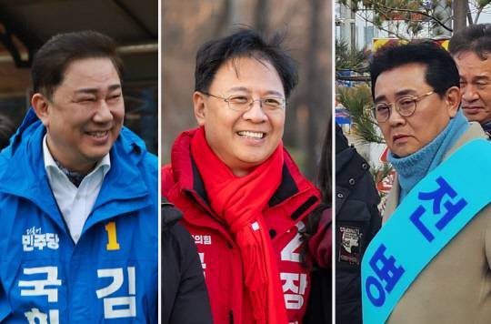 왼쪽부터 제22대 총선 서울 동작구갑 예비후보인 김병기 더불어민주당 의원, 장진영 국민의힘 전 당협위원장, 무소속 전병헌 전 의원.<김병기·장진영·전병헌 예비후보 페이스북 사진>