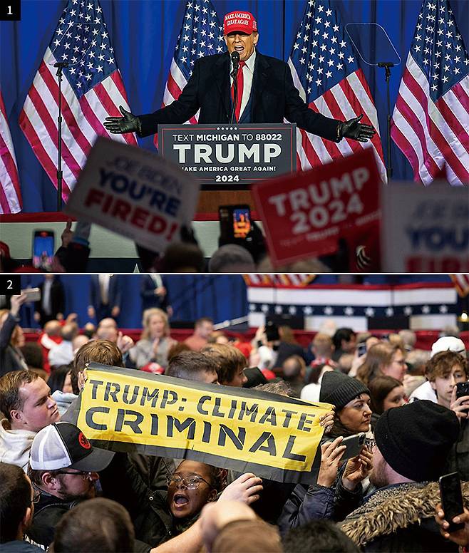 1 도널드 트럼프 전 대통령이 2월 17일 미국 미시간주에서 열린 캠페인 행사에서 연설하고 있다. 사진 EPA연합 2 1월 14일 미국 아이오와주 인디애나에서 기후 시위대가 도널드 트럼프 캠페인 행사에서 그의 기후 정책에 반대하는 시위를 하고 있다. 사진 로이터연합