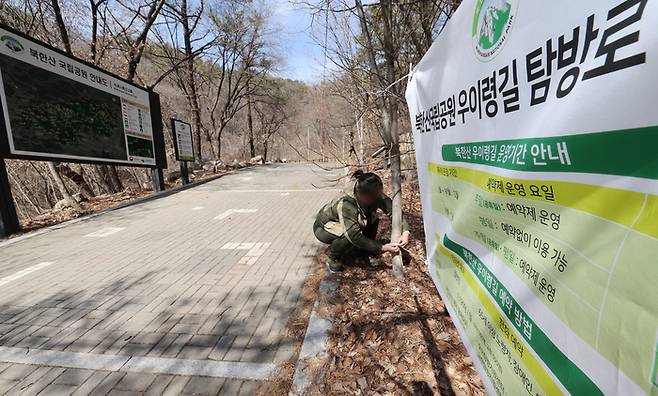 북한산의 비경을 볼 수 있는 우이령길이 평일 전면 개방된 4일 북한산국립공원사무소 직원이 안내문을 붙이고 있다. 연합뉴스.