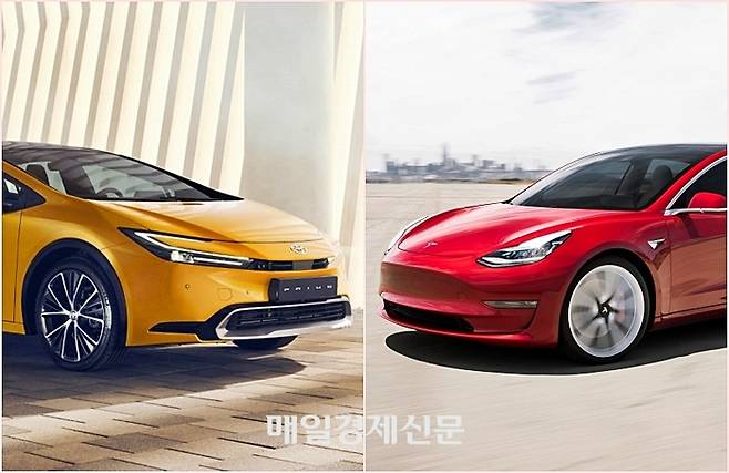 토요타 프리우스(왼쪽)와 테슬라 모델3 [사진제공=토요타, 테슬라]