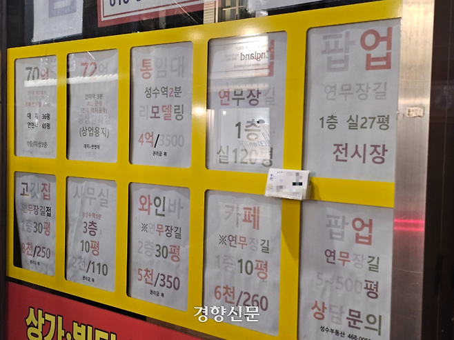 지난 26일 성수동 연무장길 일대 부동산에 팝업 문의 광고가 붙어있다. 김경민 기자