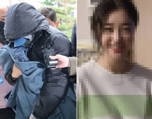 유흥업소 여실장과 함께 배우 고 이선균씨를 협박해 금품을 뜯은 혐의를 받는 20대 여성이 구속 전 피의자 심문(영장실질심사)에 출석하고 있는 모습(왼쪽)과 온라인 상에 공개된 그의 얼굴 사진. [연합뉴스·유튜브 '카라큘라 범죄연구소' 캡처]