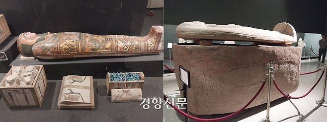 룩소르박물관에 전시된 신왕국시대 귀족의 미라 관과 껴묻거리들 일부(왼쪽), 석관. 도재기 선임기자