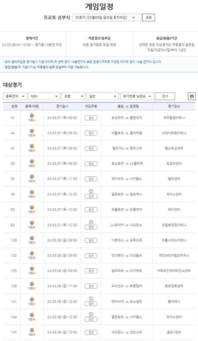 프로토 승부식 30회차 2023-24 NBA 대상 게임일정