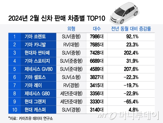 2024년 2월 신차 판매 차종별 TOP10. /그래픽=윤선정