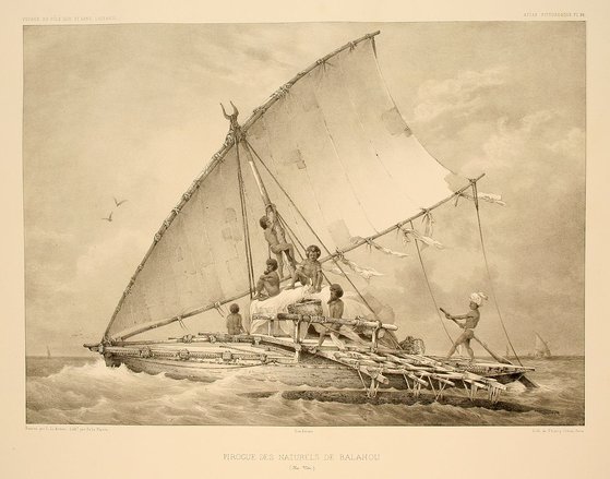 피지섬의 배 그림(1846). 돛살 두 개로 이뤄지는 게집개돛(crab-claw sail)은 단순한 구조로 높은 효용성을 제공한 남양인의 발명품이었다.