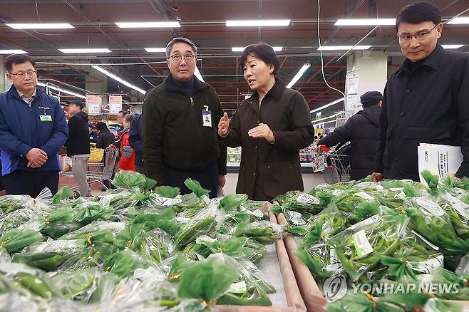 송미령 농식품부 장관 '농축산물 물가 안정을 위해' (서울=연합뉴스) 진연수 기자 = 송미령 농림축산식품부 장관이 10일 오후 서울 도봉구 하나로마트 창동점에서 농축산물 물가안정을 위해 과일·채소 매장 등을 현장 점검하고 있다. 2024.3.10 jin90@yna.co.kr