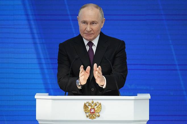 블라디미르 푸틴 러시아 대통령이 지난달 29일 모스크바에서 국정연설을 하고 있다. (사진=뉴시스)