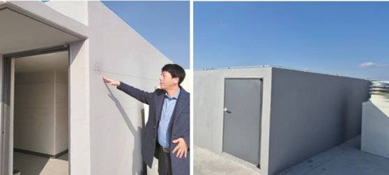 제한 고도를 초과한 경기도 김포시 고촌 양우내안애 아파트 옥상의 지난 1월 모습(왼쪽)과 건물 일부를 잘라낸 이후인 지난 8일 모습. 사진 속 인물은 곽종근 지역주택조합장이다. 강주안 기자