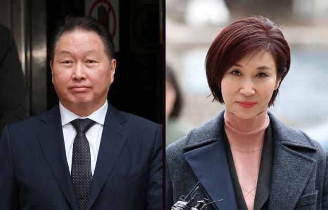 최태원(왼쪽 사진) SK그룹 회장과 노소영 아트센터 나비 관장이 12일 서울 서초구 서울고법에서 열린 이혼 관련 항소심 변론기일에 출석하기 위해 법원에 모습을 나타냈다. 뉴스1