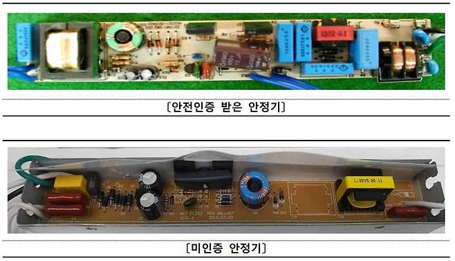 [부산=뉴시스] 안전 인증을 받은 형광등용 안정기와 미인증 안정기. (사진=부산세관 제공) *재판매 및 DB 금지