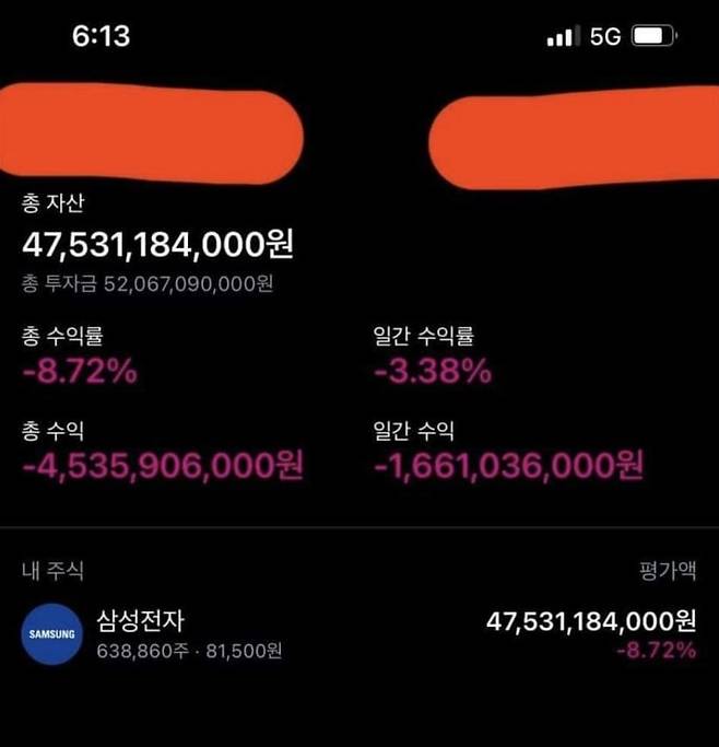 워뇨띠의 것으로 추정되는 삼성전자 주식 투자 인증샷. 총 투자액은 520억원이고 삼성전자 주식만 63만8860주를 보유하고 있는 것으로 나온다./인터넷 캡처