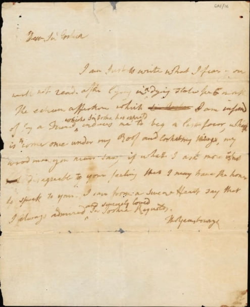 게인즈버러가 세상을 떠나던 해 레이놀즈에게 보낸 편지. 레이놀즈는 여기에 '죽어가고 있던 게인즈버러'(Gainsborough when dying)라는 주석을 붙였다. /왕립아카데미