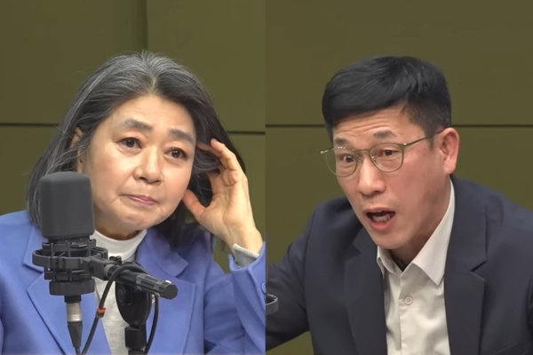 15일 CBS 라디오 ‘박재홍의 한판승부’에 출연한 김행 전 국민의힘 비상대책위원(왼쪽)과 진중권 광운대 교수. CBS 유튜브 갈무리