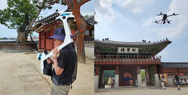 라이다 장비로 수원화성행궁 스캔하는 모습(왼쪽)과 드론 촬영(오른쪽) [촬영 김주환]