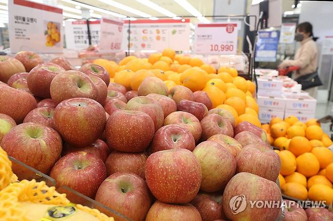 사과 가격 급등 (서울=연합뉴스) 강민지 기자 = 한국농수산식품유통공사(aT) 농산물유통정보에 따르면 전날 사과(후지·상품) 10kg당 도매가격은 9만1천700원으로 1년 전(4만1천60원)보다 123.3%나 올랐다. 사과 도매가격은 올해 1월 17일(9만740원) 사상 처음으로 9만원을 돌파했다. 사진은 13일 서울의 한 대형마트에 진열된 사과. 2024.3.13 mjkang@yna.co.kr