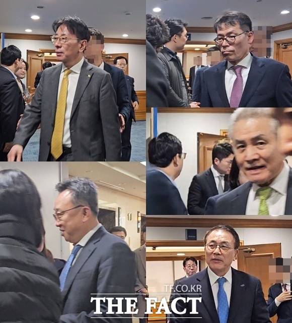 이재근 KB국민은행장, 김성태 기업은행장, 박종복 SC제일은행장, 조용병 은행연합회장, 정상혁 신한은행장(왼쪽 위부터 시계방향으로) 등이 18일 오후 서울 중구 명동 은행연합회에서 열린 은행연합회 정기 이사회와 정례 회의를 마치고 이복현 금감원장과 비공개 만찬 장소로 이동하고 있다. /명동=이선영 기자