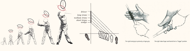 '벤 호건의 다섯 가지 레슨'에 나오는 스윙, 스탠스, 그립에 대한 자세 교본. 위키미디어