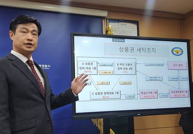 상품권 세탁 조직 검거 브리핑하는 기도균 성동서 수사과장 [촬영 이율립]