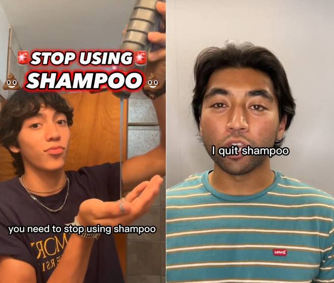 샴푸, 린스를 사용하지 않고 물로만 머리를 감는 노샴푸 트렌드가 유행하고 있다. [사진=틱톡 'kainoalam'(왼쪽) / 틱톡 'humza.islam']