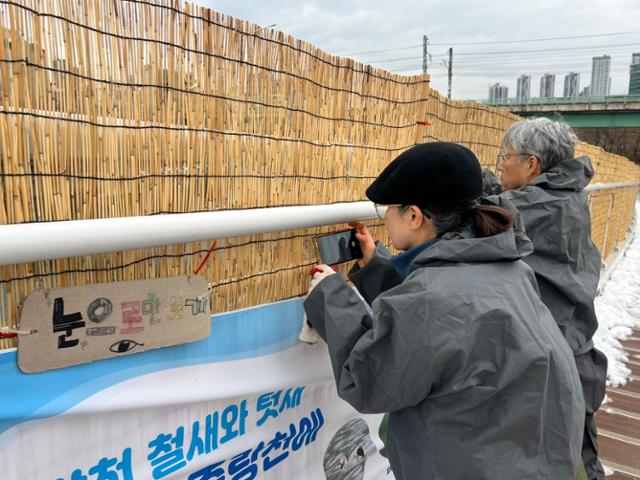 중랑천 새들의 친구 소속 시민들이 서울 성동구 중랑천을 찾은 철새들에게 피해가 가지 않도록 가림막을 통해 원앙 등 철새를 바라보고 있다. 고은경 기자