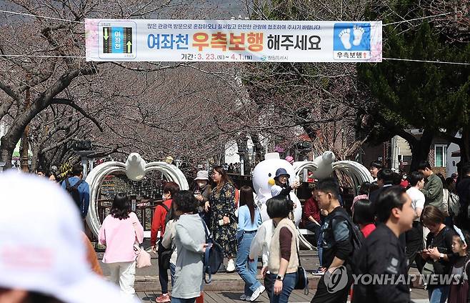진해 여좌천 벚꽃 관광객 (창원=연합뉴스) 김동민 기자 = 국내 최대 봄꽃 축제인 진해군항제가 열리는 23일 경남 창원시 진해구 여좌천에서 벚꽃이 펴 눈길을 끈다.
    진해군항제는 오는 4월1일까지 진해구 일원에서 열린다. 2024.3.23 image@yna.co.kr